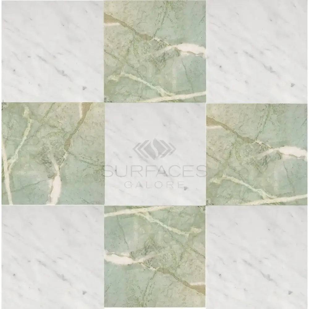 Checkerboard Bianco Carrara and Ming Green Prestige Marble 12x12 tile pattern