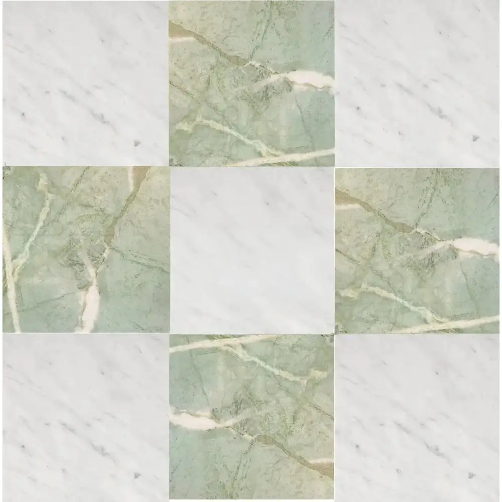 Nine marble tiles from Checkerboard Bianco Carrara White Royale and Ming Green Prestige Marble set