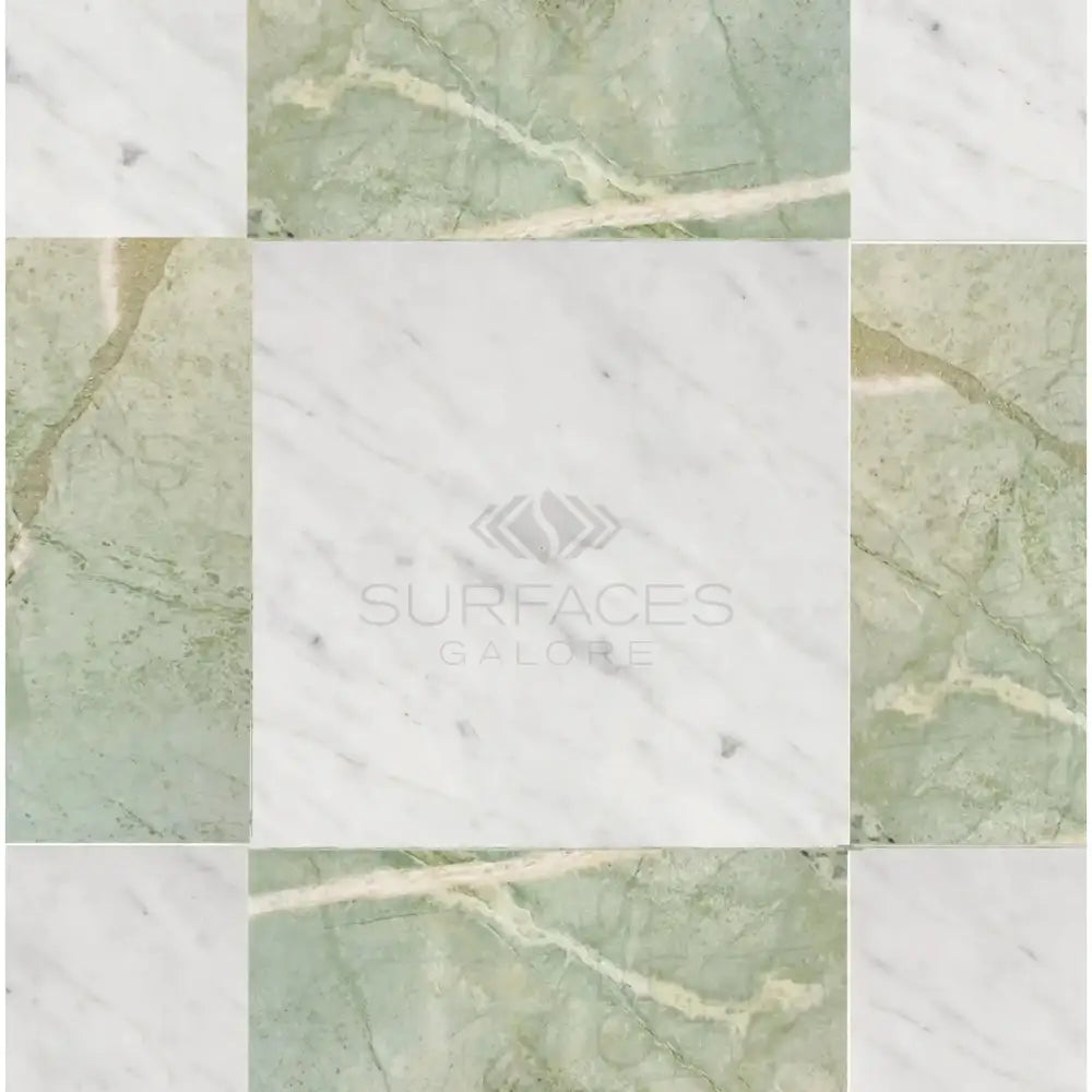 Checkerboard marble tile arrangement with Bianco Carrara White and Ming Green Prestige Marble