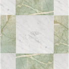 Checkerboard marble tile arrangement with Bianco Carrara White and Ming Green Prestige Marble