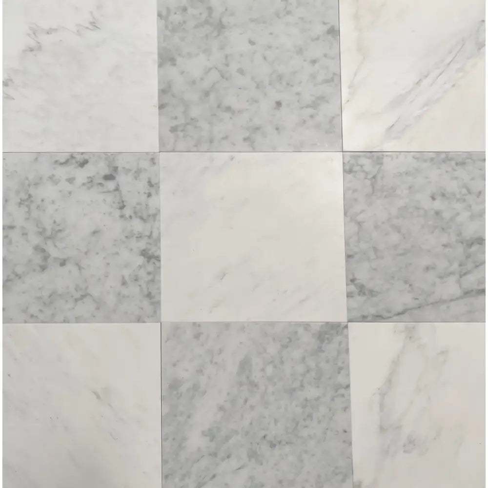 Nine square marble tiles from Checkerboard Carrara White Royale and Oriental White Aurora set