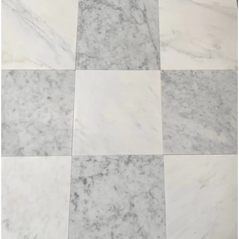Square marble tile arrangement from Checkerboard Carrara White Royale and Aurora White set