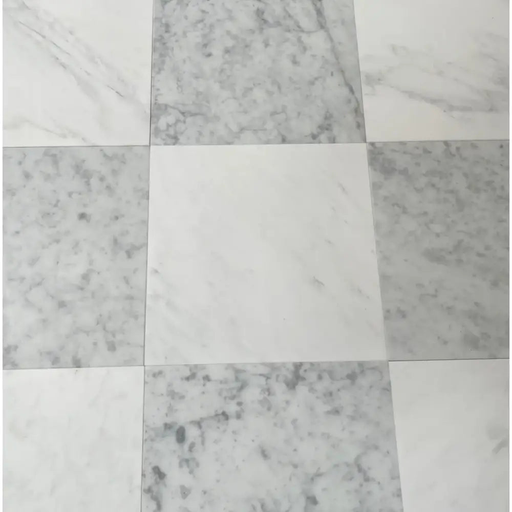 Checkerboard Marble Floor Tiles in Carrara White, Royale White, and Aurora White 12x12 set