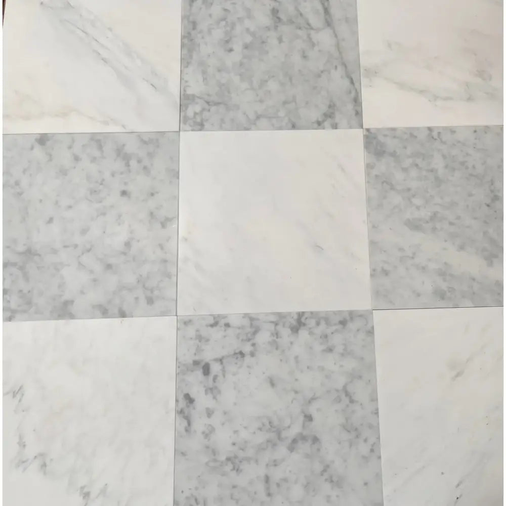 Marble tile flooring featuring Checkerboard Carrara White and Aurora White 12x12 set