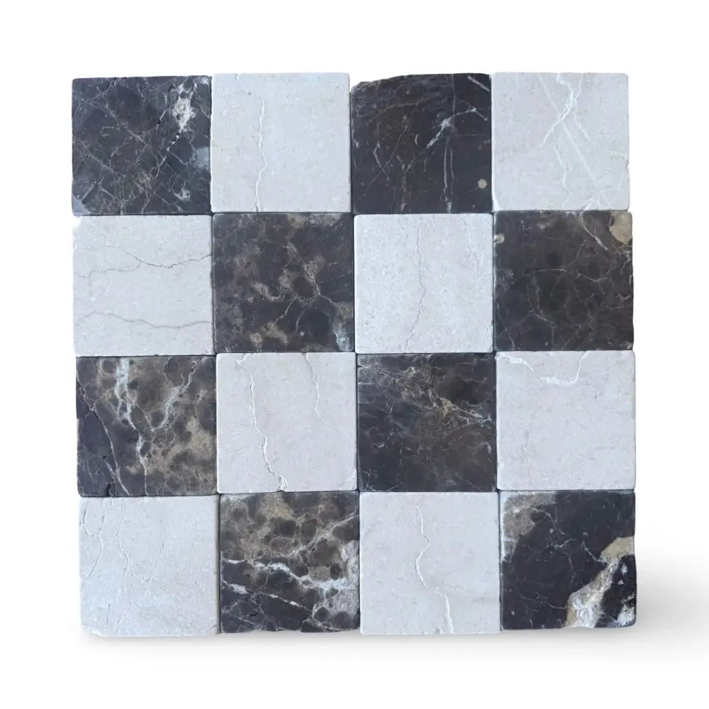 Checkerboard marble tiles from Crema Marfil Select and Emperador Dark Oro Tumbled Set