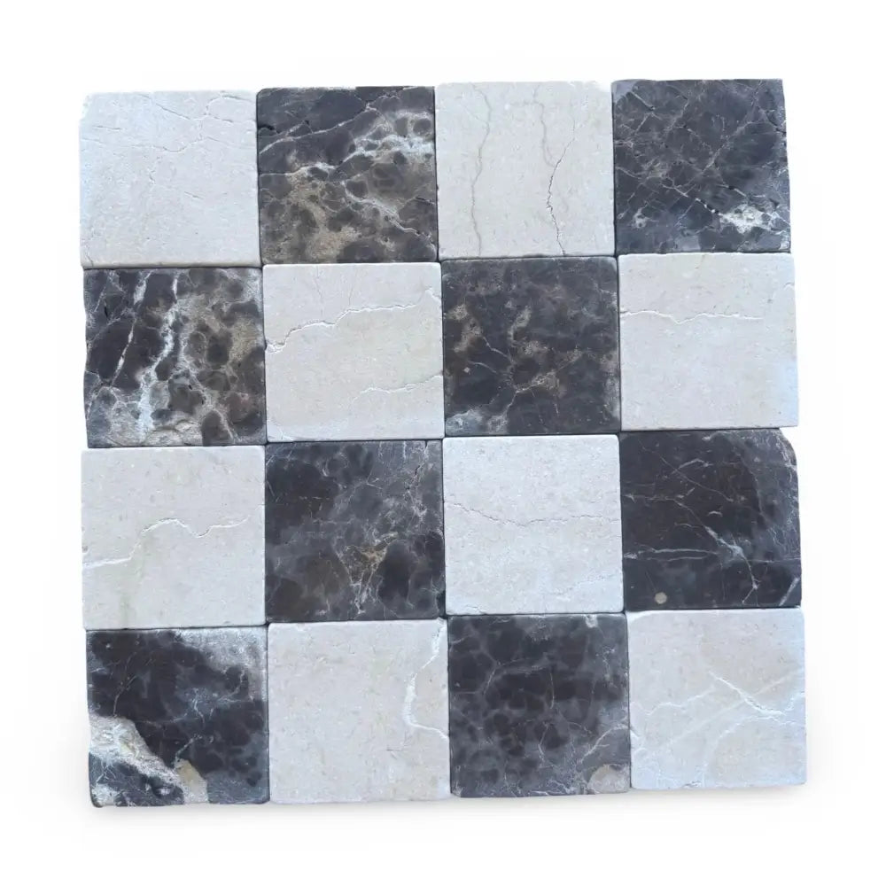 Checkerboard marble tiles in Crema Marfil Select and Emperador Dark Oro Tumbled Set