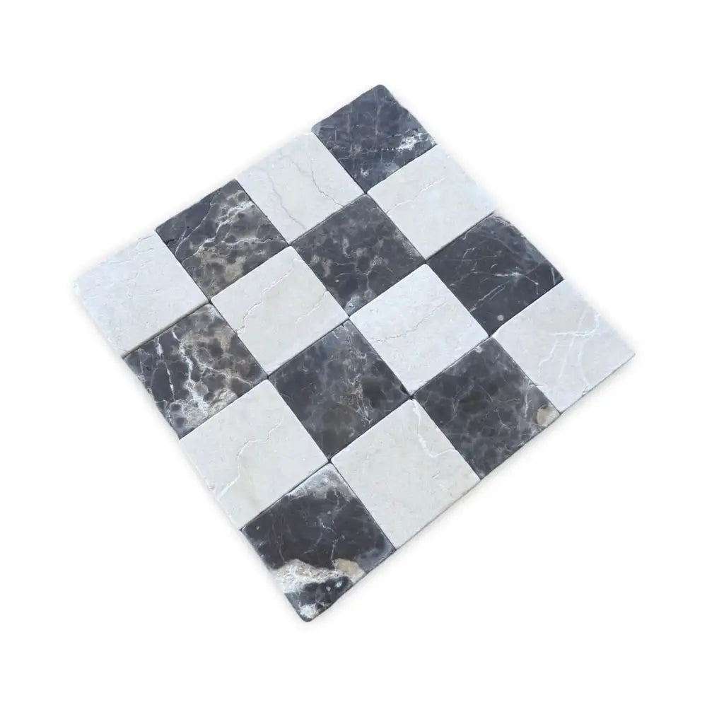 Checkerboard marble tile pattern in Crema Marfil Select and Emperador Dark Oro Tumbled Set