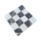 Checkerboard marble tile pattern in Crema Marfil Select and Emperador Dark Oro Tumbled Set