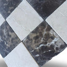 Checkerboard marble tiles from Crema Marfil Select and Emperador Dark Oro Tumbled Set