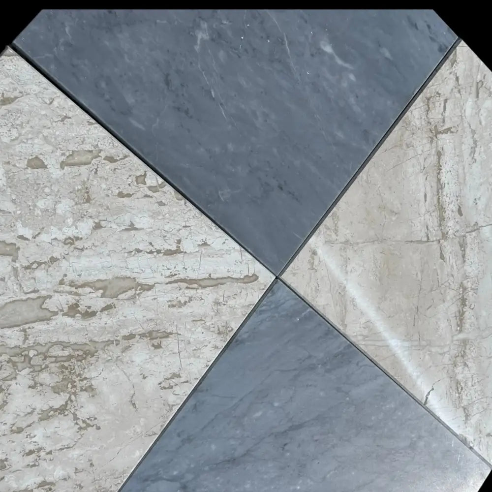 Checkerboard marble tiles in Crema Marfil Select and Emperador Dark Oro Tumbled Set