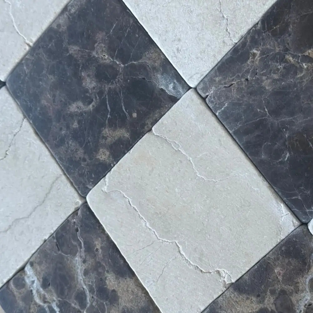 Checkerboard marble floor tiles in Crema Marfil Select and Emperador Dark Oro Tumbled Set