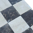 Checkerboard marble tiles from Crema Marfil Select and Emperador Dark Oro Tumbled Set