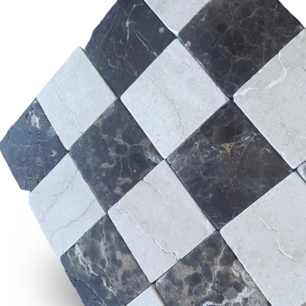 Checkerboard marble tile pattern featuring Crema Marfil Select and Emperador Dark Oro
