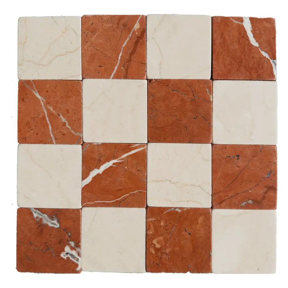 Checkerboard pattern of Crema Marfil Select and Rojo Alicante marble tiles