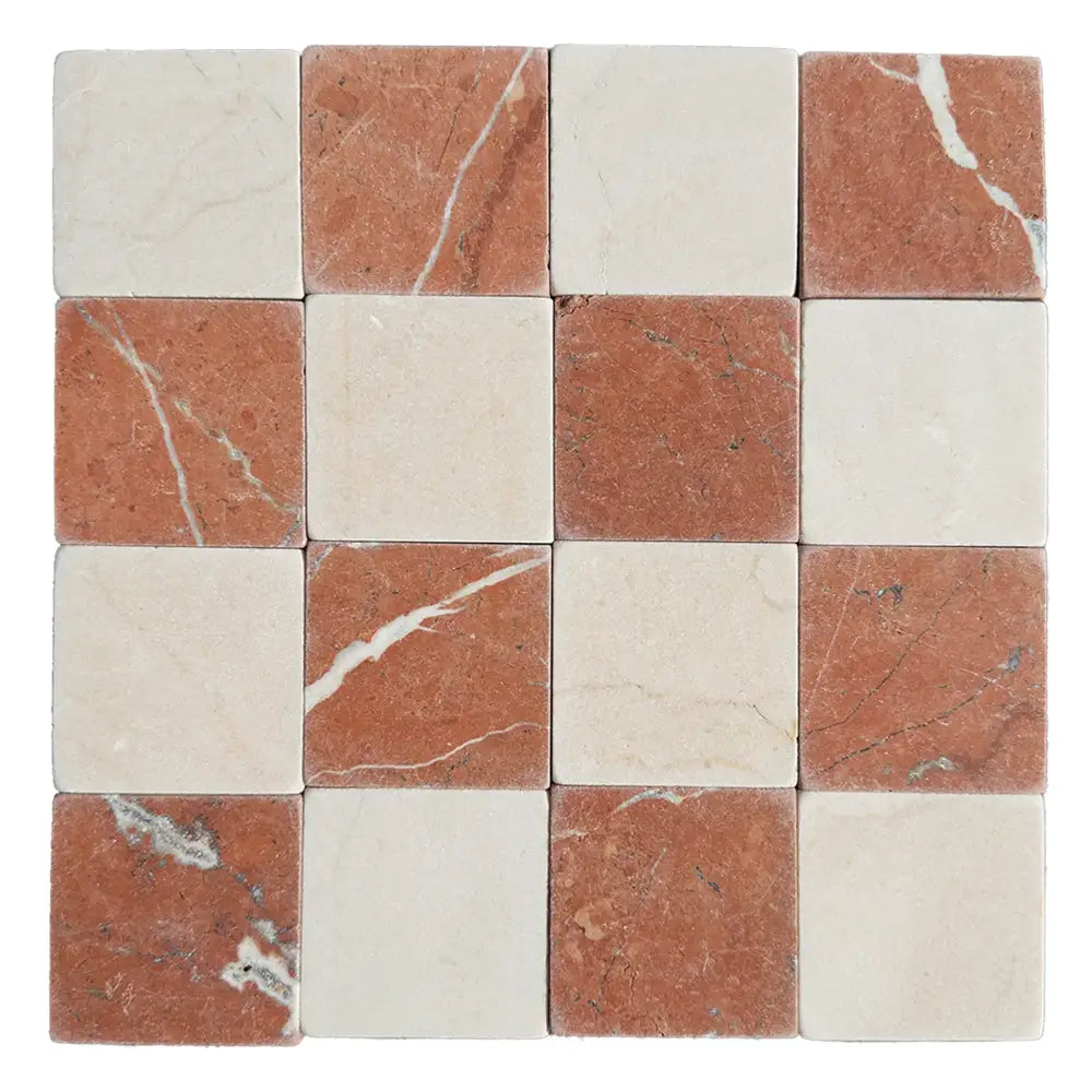Checkerboard marble tile pattern featuring Crema Marfil and Rojo Alicante for elegant flooring