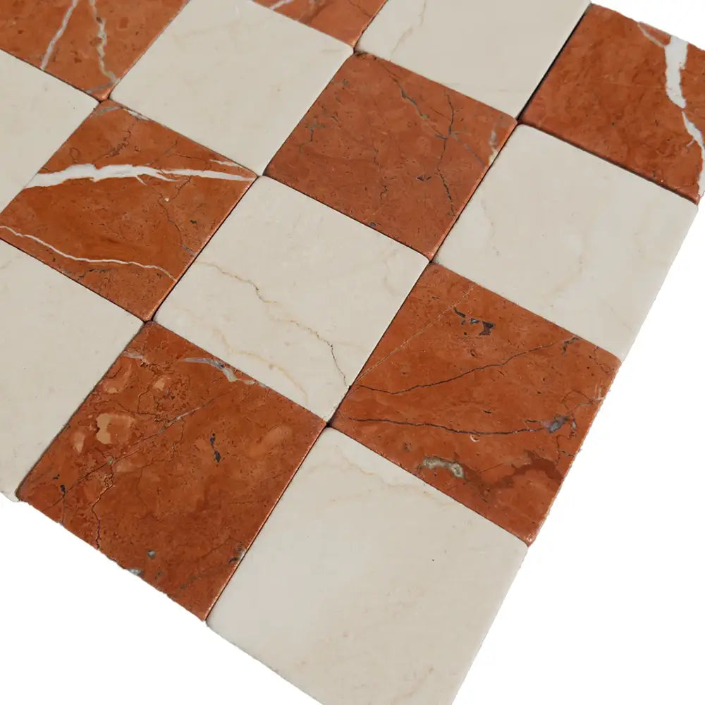 Checkerboard marble tiles with Crema Marfil and Rojo Alicante colors, 3x3 tumbled pattern