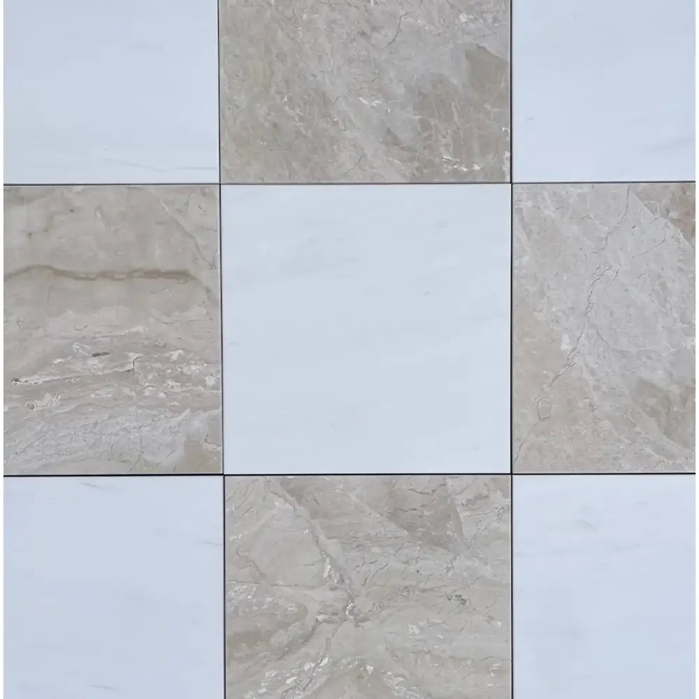 Checkerboard Diano Royal and Oriental White Aurora Marble 18x18 tiles with alternating marble and plain tiles