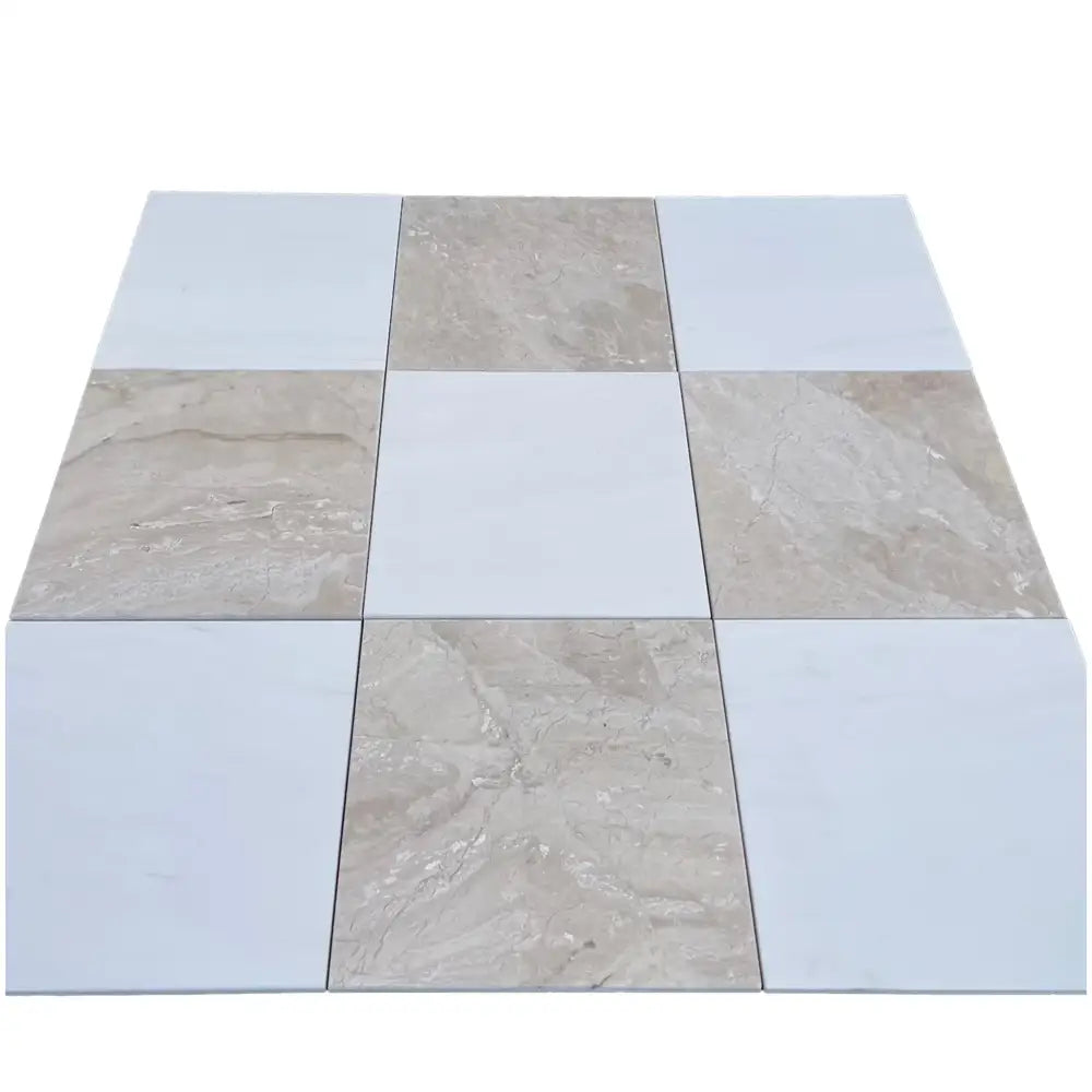 Nine square Checkerboard tiles in alternating patterns from Diano Royal and Aurora White Marble set