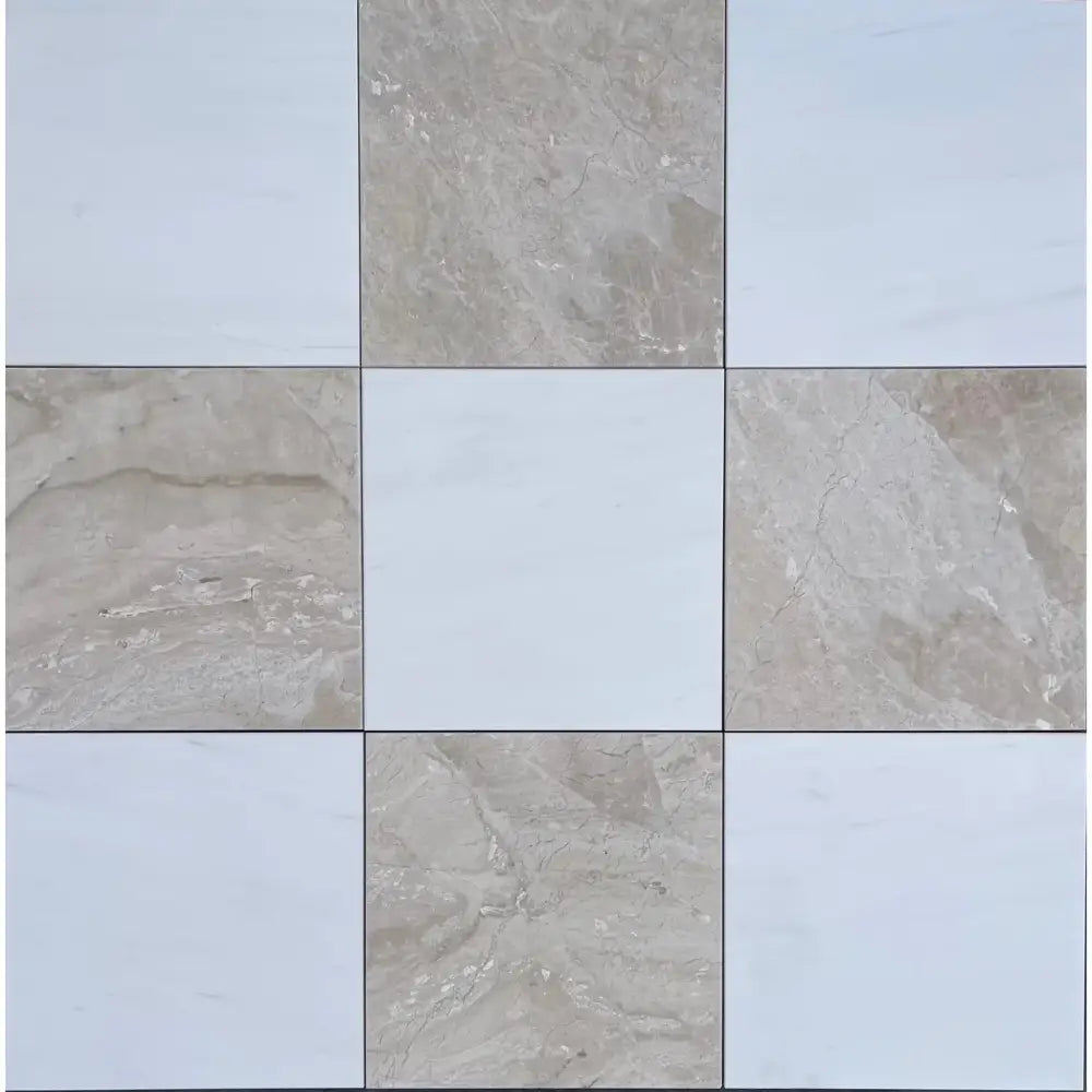 Nine square tiles from Checkerboard Diano Royal and Oriental White Aurora White Marble set