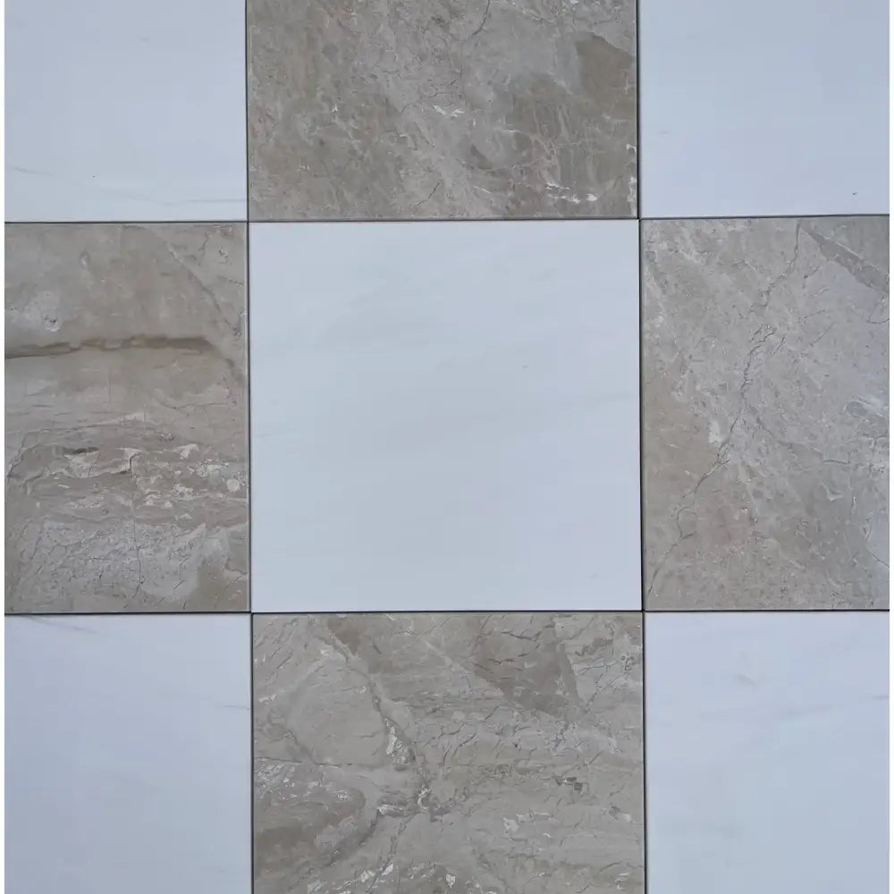 Checkerboard tile pattern in Diano Royal and Aurora White Marble 18x18 Set