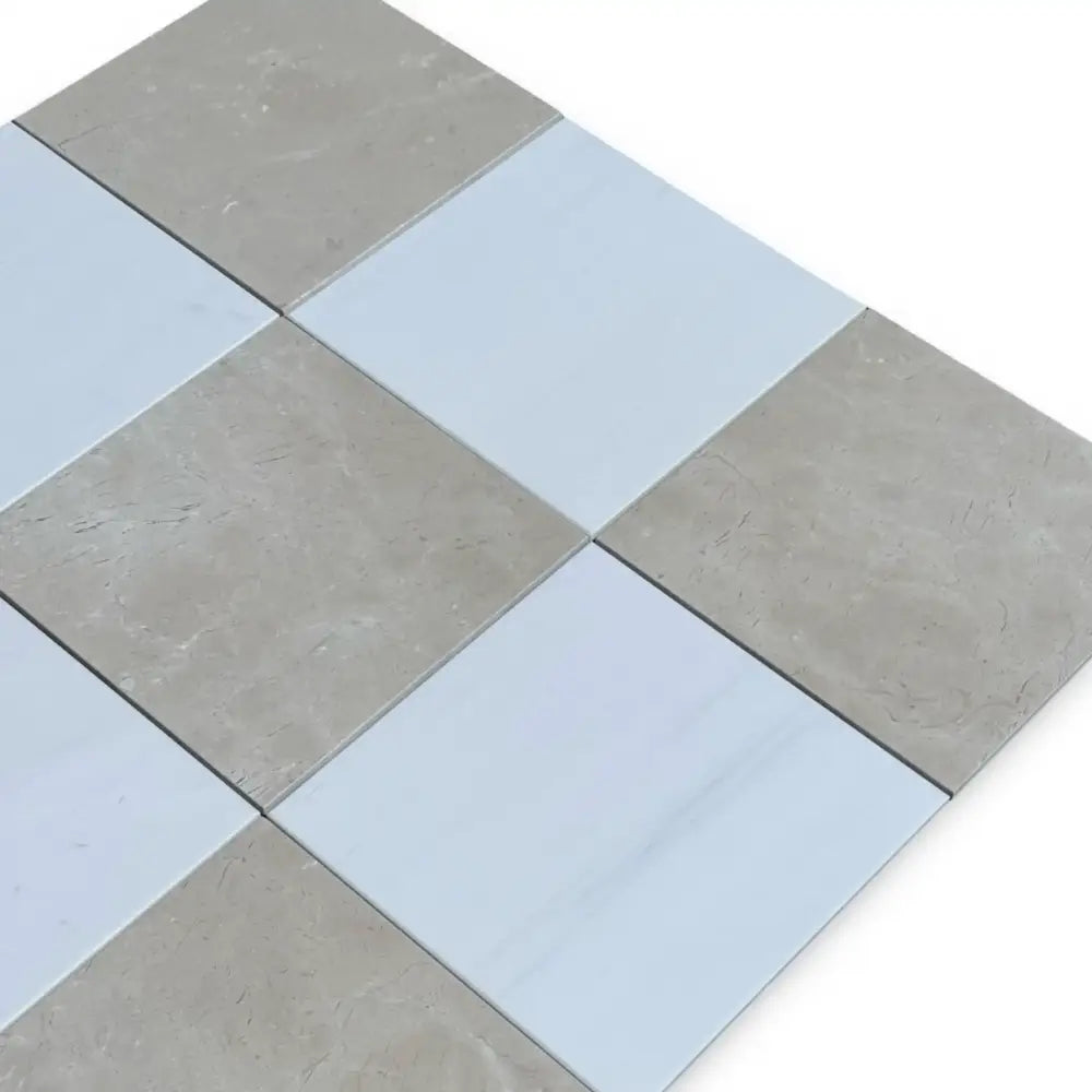 Alternating gray and white square tiles in Checkerboard Bianco Dolomite and Crema Marfil Set