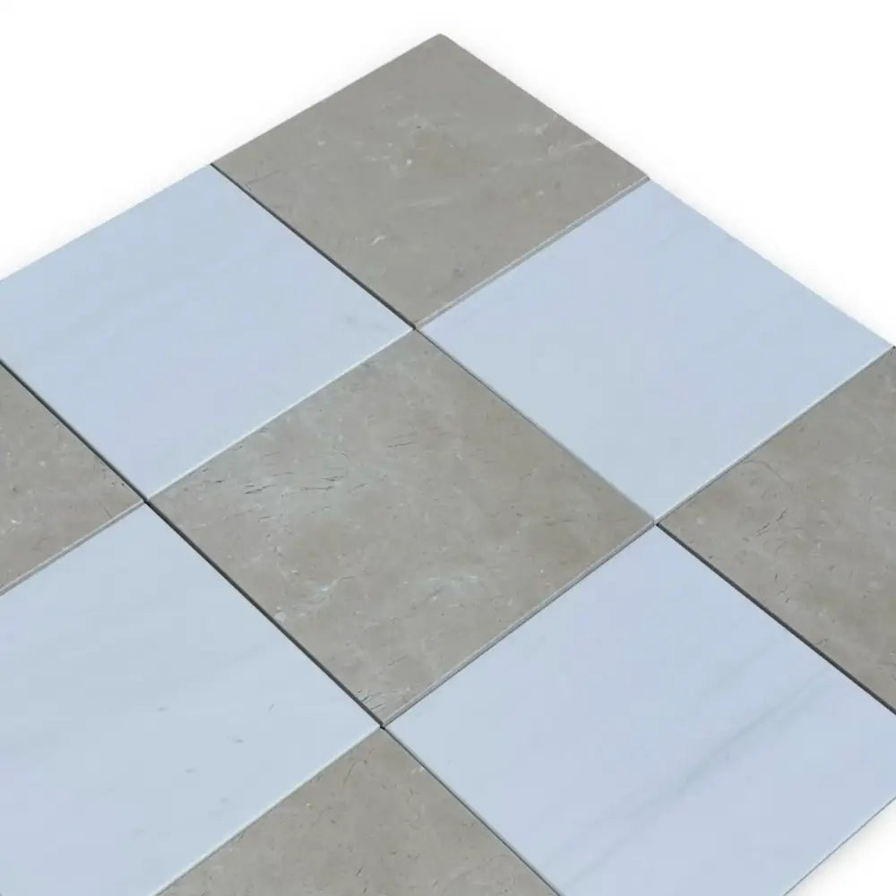 Checkerboard tile pattern with Bianco Dolomite and Crema Marfil in 12x12 set