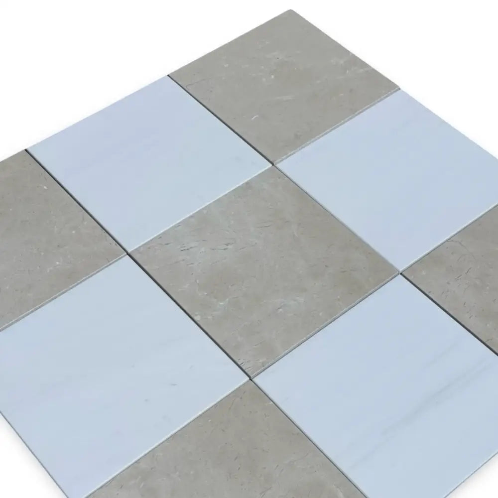 Checkerboard Bianco Dolomite and Crema Marfil 12x12 square tile pattern