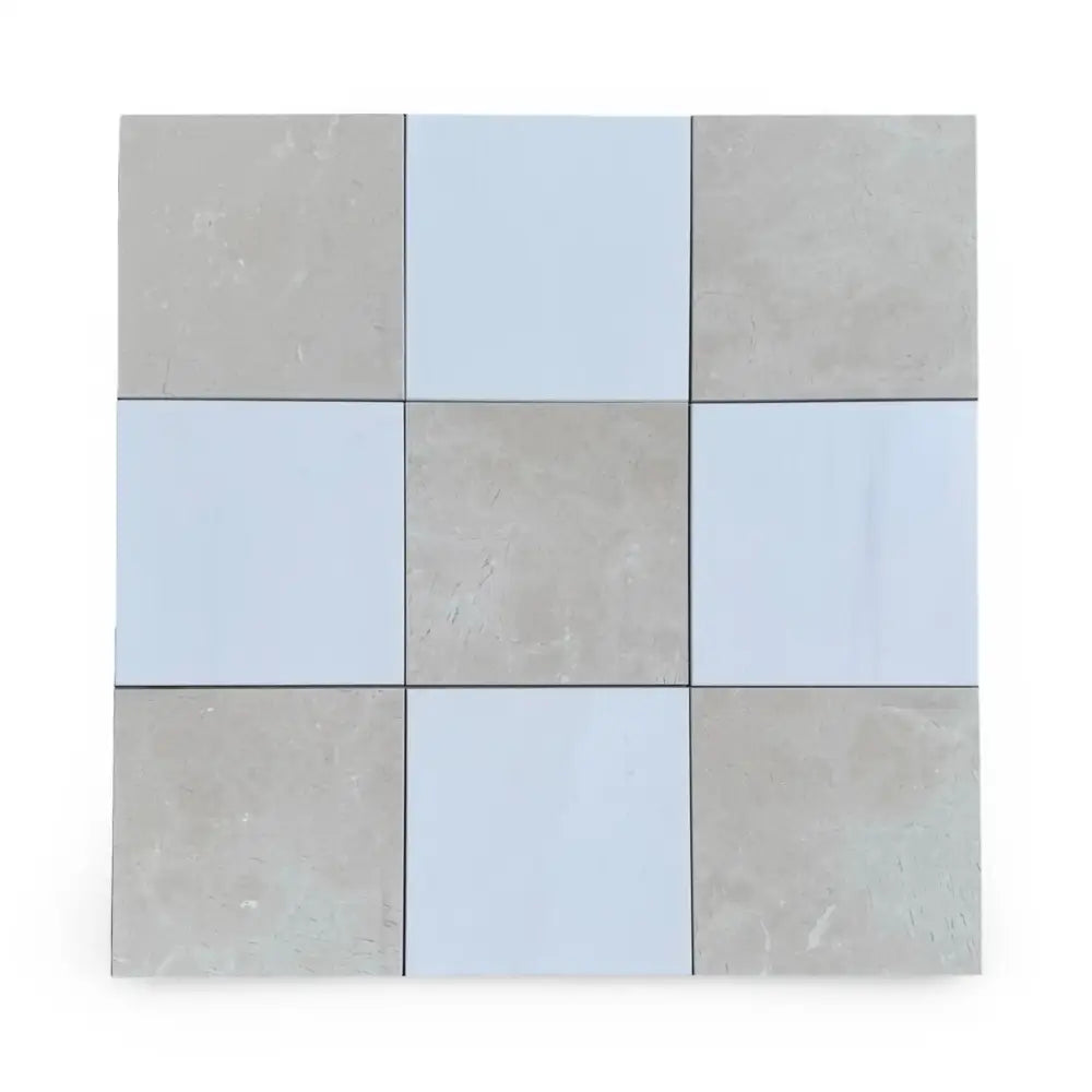 Nine square tiles from Checkerboard Bianco Dolomite and Crema Marfil 12X12 Set