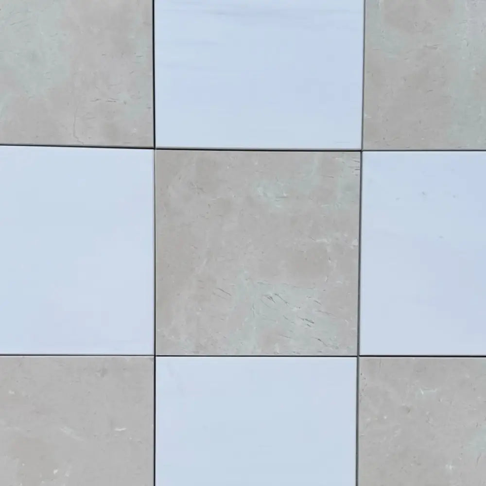 Checkerboard Bianco Dolomite and Crema Marfil 12x12 Tile Set with nine square tiles in a checkerboard pattern