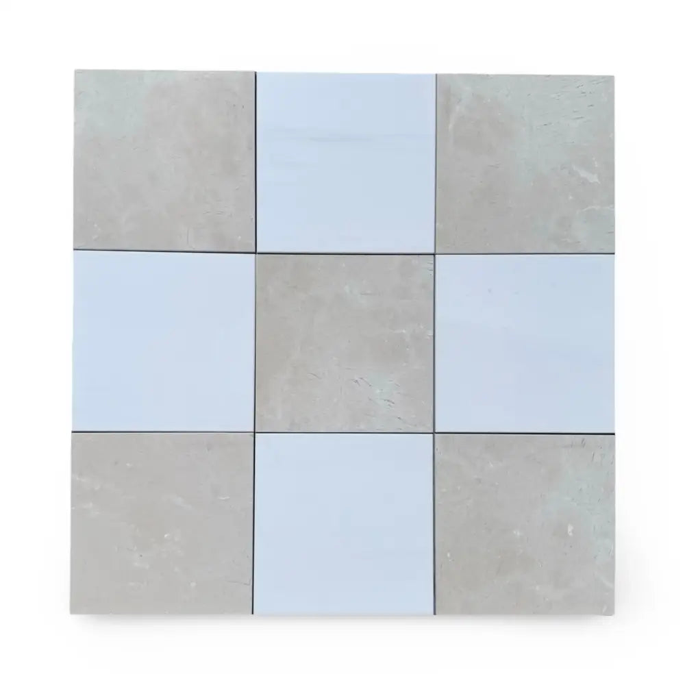 Checkerboard Bianco Dolomite and Crema Marfil 12x12 tiles arranged in a pattern