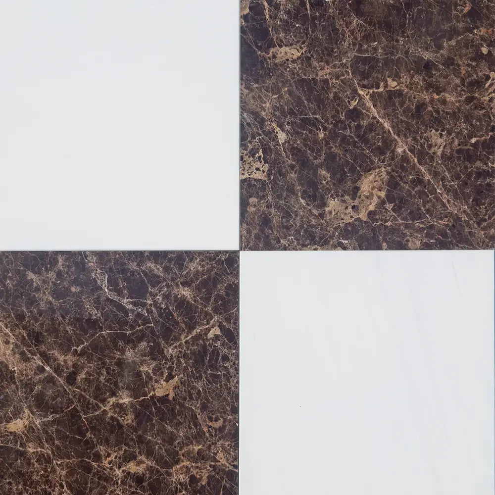 Checkerboard marble and white tile pattern in Checkerboard Dolomite Prestige and Emperador Dark Oro set