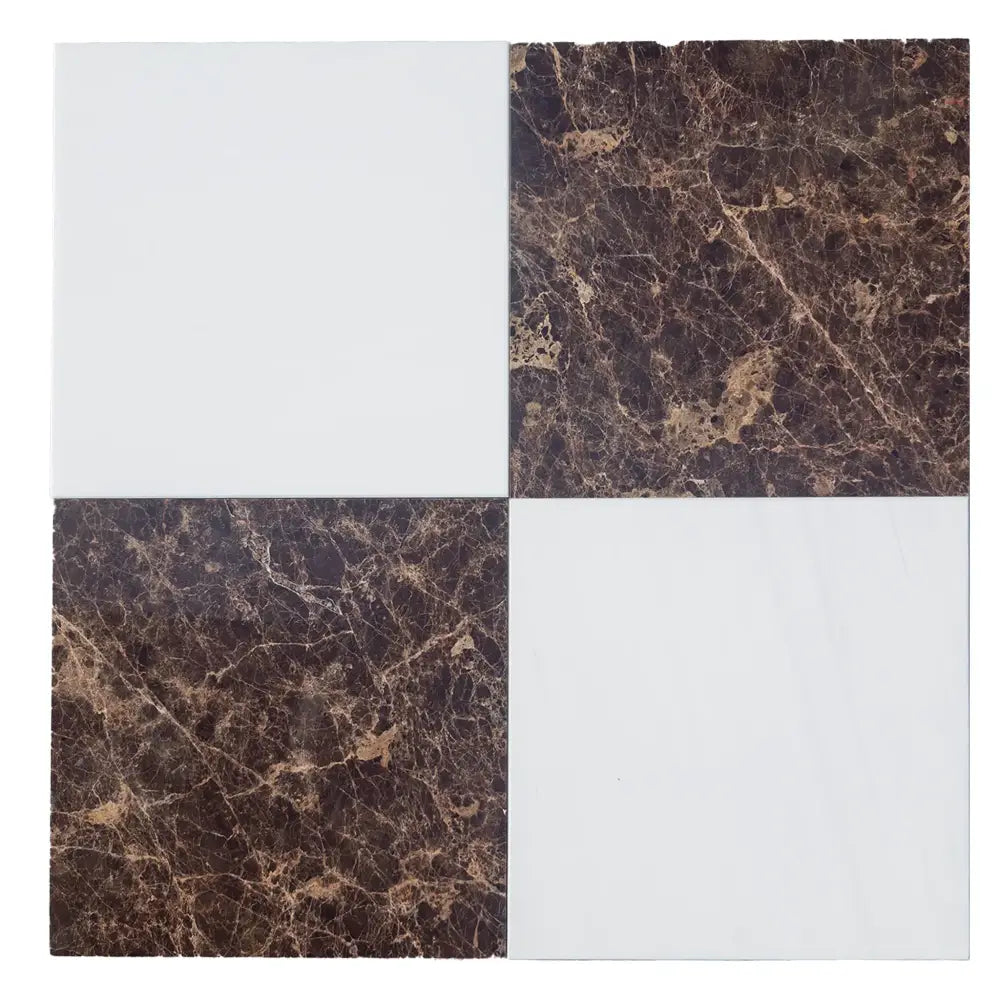 Four-square tile pattern in Checkerboard Dolomite Prestige and Emperador Dark Oro 12X12 set