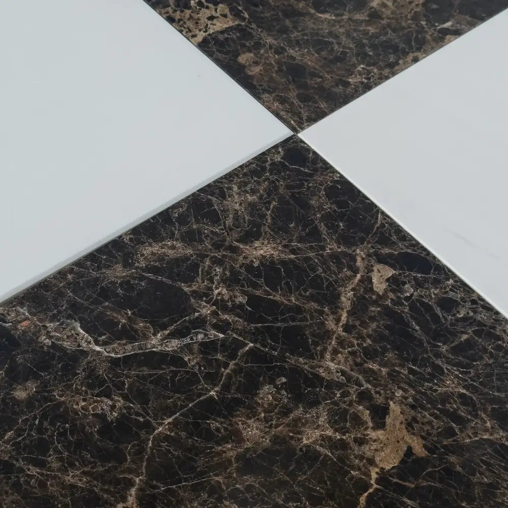 Alternating dark Dolomite and white Emperador Dark Oro tiles in Checkerboard pattern