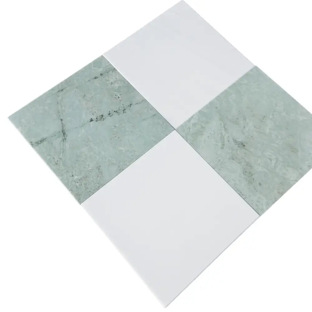 Four square tiles in white and marbled Green for Checkerboard Dolomite Prestige and Ming Green Prestige 12X12 Set