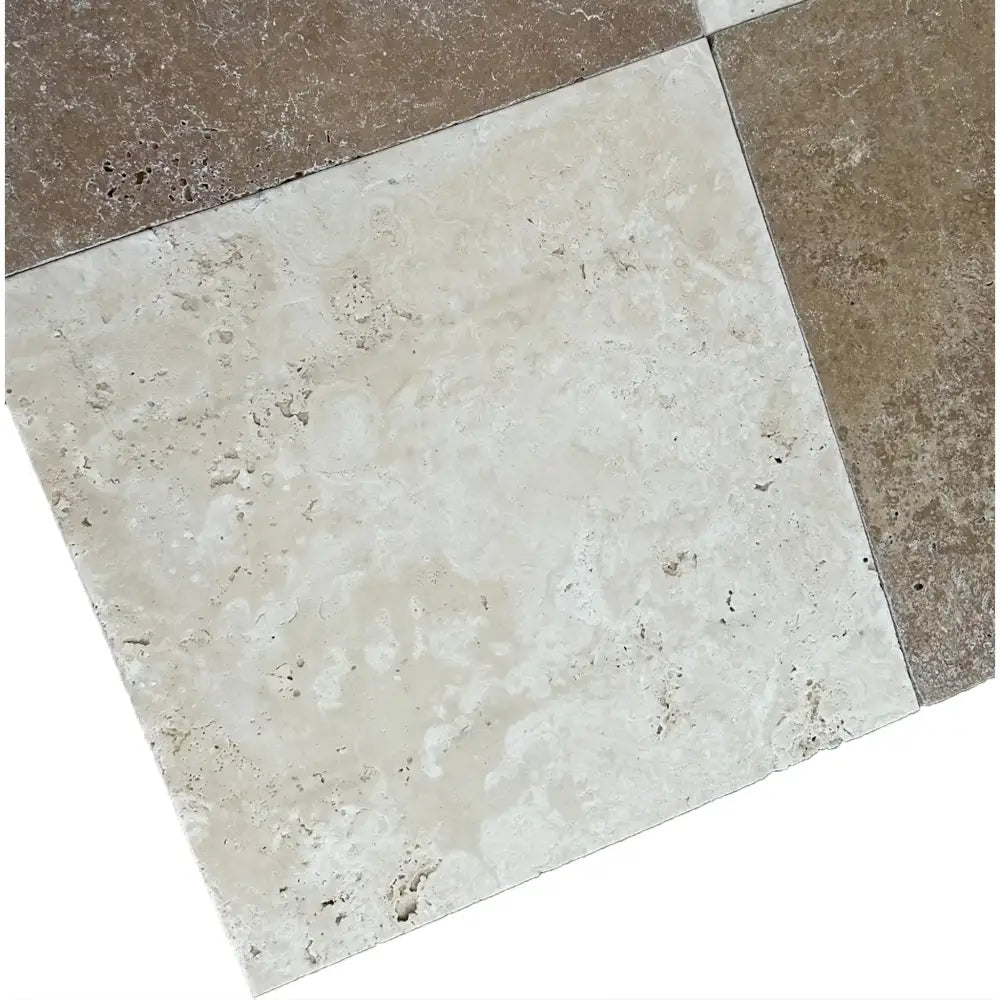 Travertine floor tiles in Checkerboard Emperador Dark Oro Marble and Crema Marfil Select Tumbled 6X6 Set