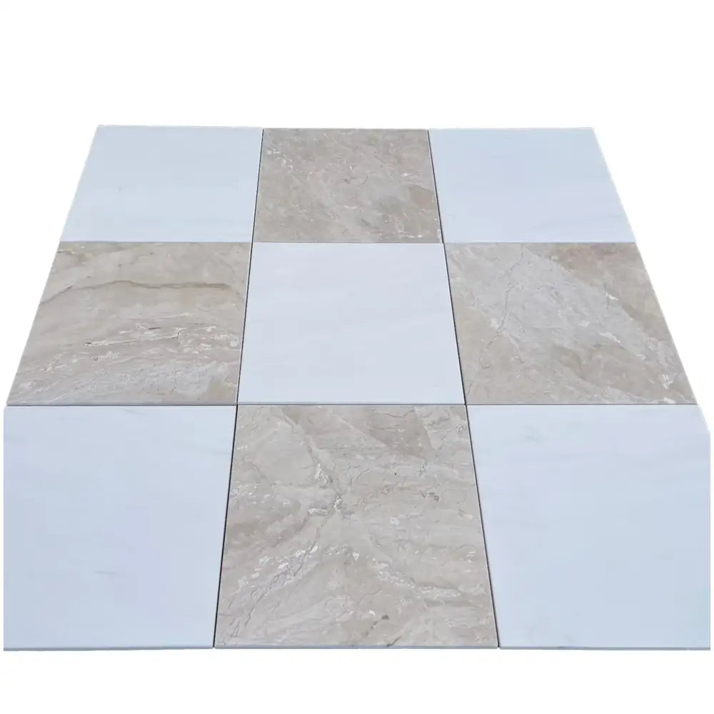 Square patterned floor tiles from Checkerboard Emperador Dark Oro Marble and Crema Marfil Set