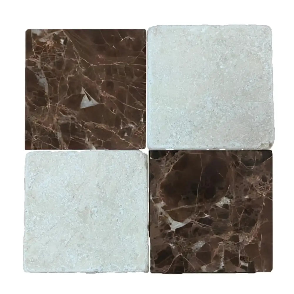 Four square marble tiles from Checkerboard Emperador Dark Oro and Crema Marfil Set