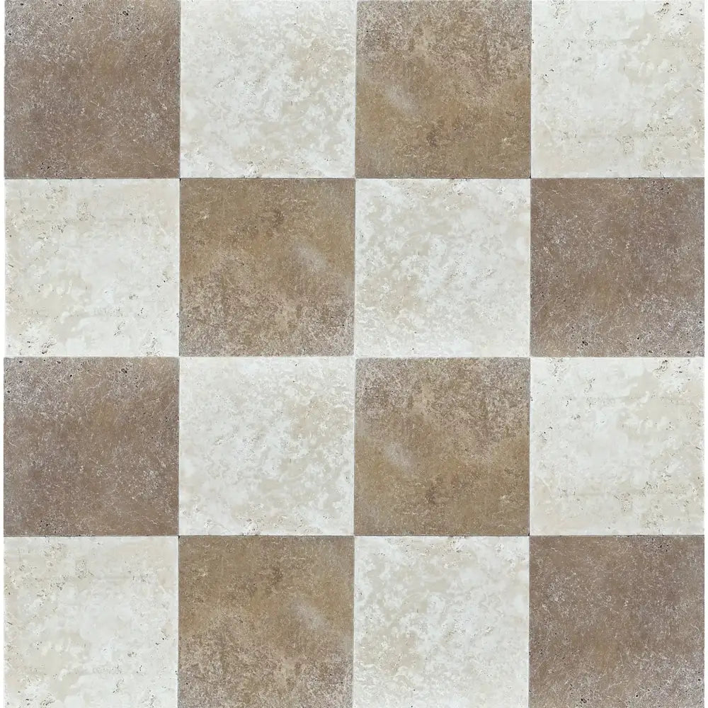Checkerboard pattern of square tiles from Emperador Dark Oro and Crema Marfil Set