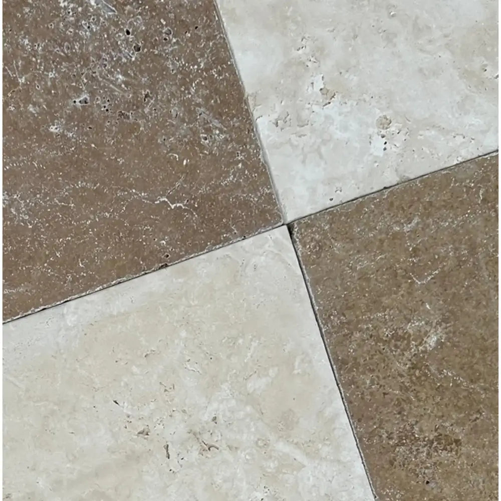 Checkerboard Emperador Dark Oro Marble and Crema Marfil Tumbled Tile Floor Design