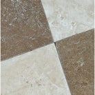 Checkerboard Emperador Dark Oro Marble and Crema Marfil Tumbled Tile Floor Design