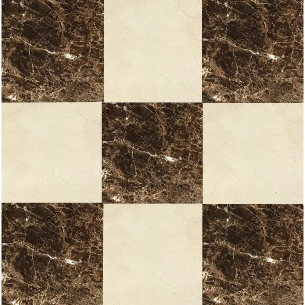 Checkerboard pattern of Emperador Dark Oro and Crema Marfil Select Marble tiles