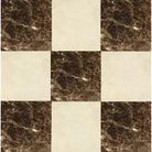 Checkerboard pattern of Emperador Dark Oro and Crema Marfil marble tiles in 18x18 set