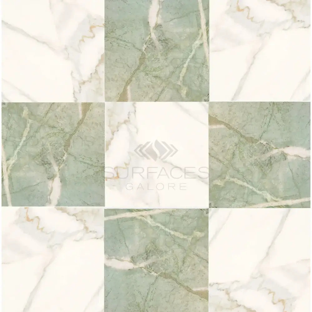 Nine-square marble tile pattern from Checkerboard Ming Green Prestige and Calacatta Gold set