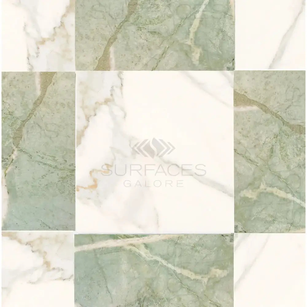 Checkerboard Ming Green Prestige Marble and Calacatta Gold Marble 12X12 Set-American Stone
