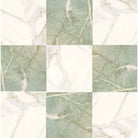 Nine marble tiles in green Ming and Calacatta Gold for checkerboard patterning
