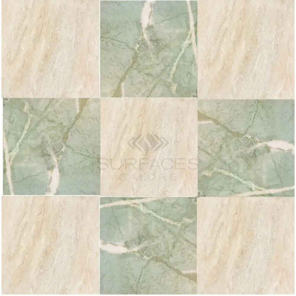 Nine-square marble tile pattern from Checkerboard Ming Green Prestige and Diano Royal Marble set