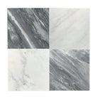 Square Nero Marquina and Arabescato Corchia marble tile samples for upscale flooring