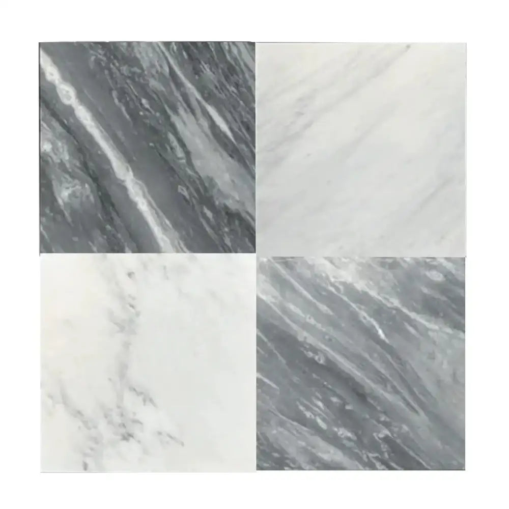 Four-paneled Nero Marquina Prestige and Arabescato Corchia marble tile sample