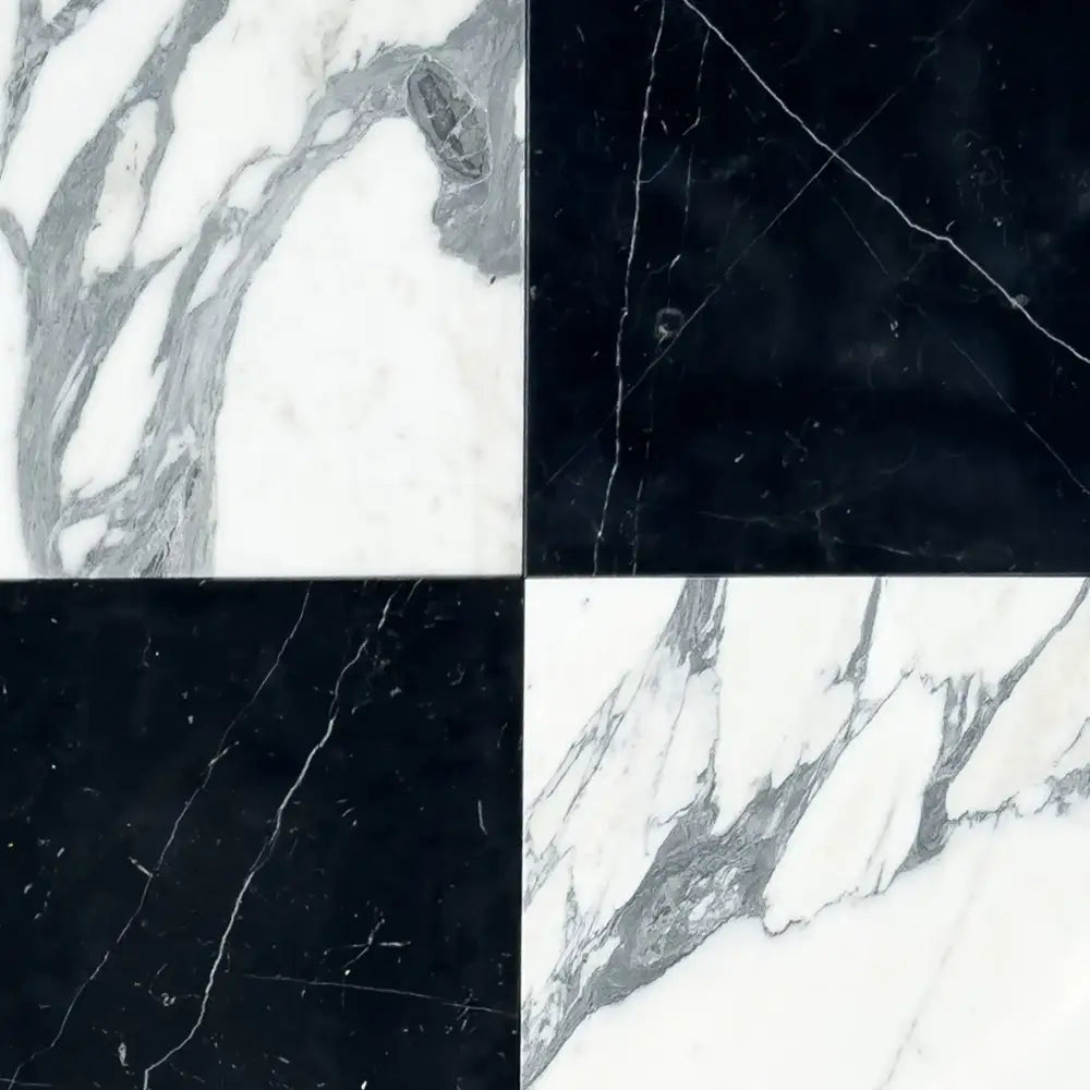 Black and white marble tiles from Checkerboard Nero Marquina Prestige and Arabescato Corchia set