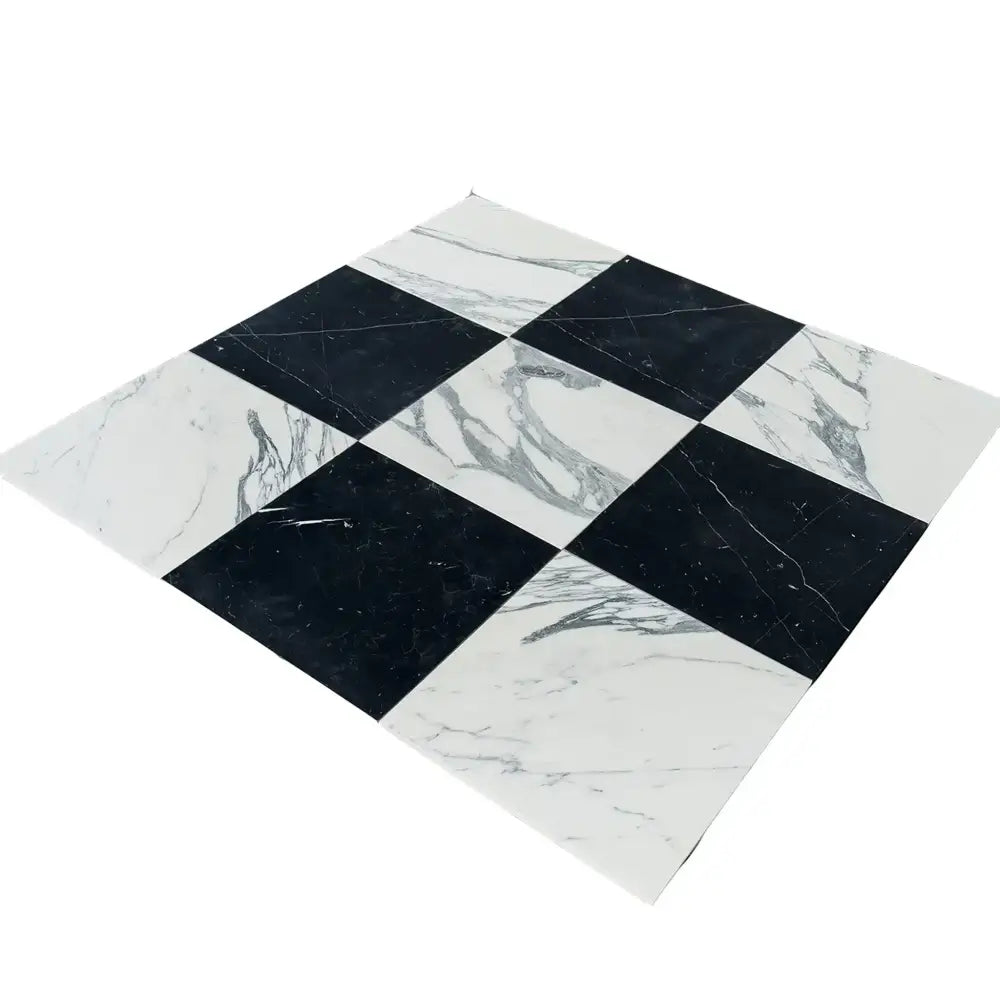 Checkerboard Nero Marquina and Arabescato Corchia marble tile pattern for elegant flooring